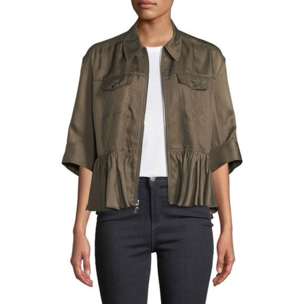 CINQ A SEPT Womens Green Zippered Pocketed Peplum Hem Jacket
